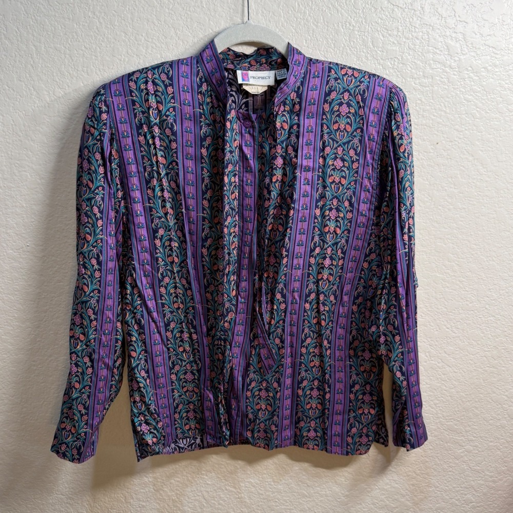 Vintage Prophecy Womens Sz 16 Purple Teal Artsy Floral Boho Eclectic Blouse Top